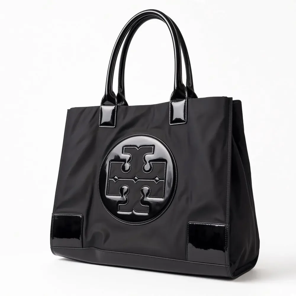 Tory Burch Ella Large Black Nylon Patent Logo Tote Bag Spacious Everyday